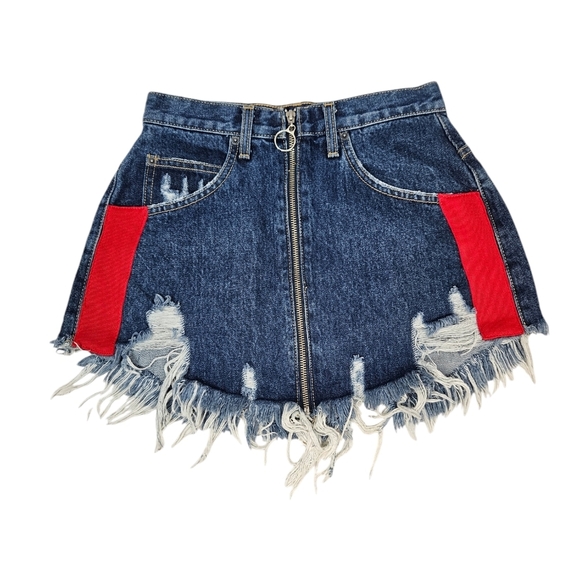 Carmar Los Angeles Beatrice Red Stripe Distressed Denim Mini Skirt Size 27 Women - Picture 12 of 12